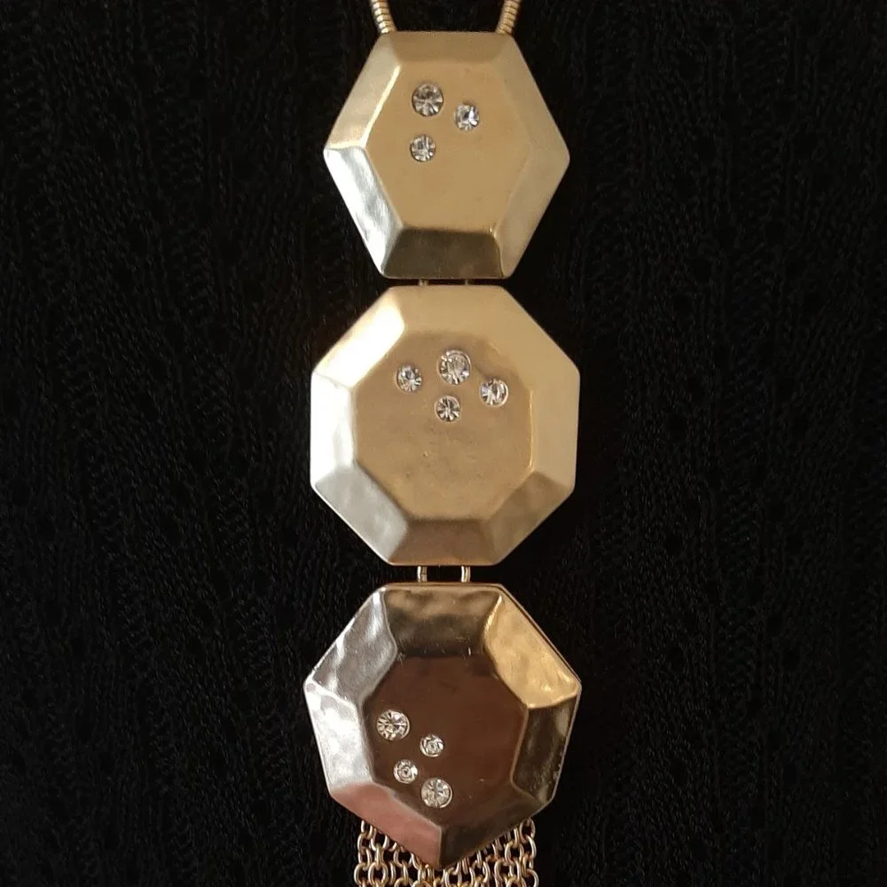 Chico's Hammered Gold Tone Hexagonal Tassel Long Necklace
